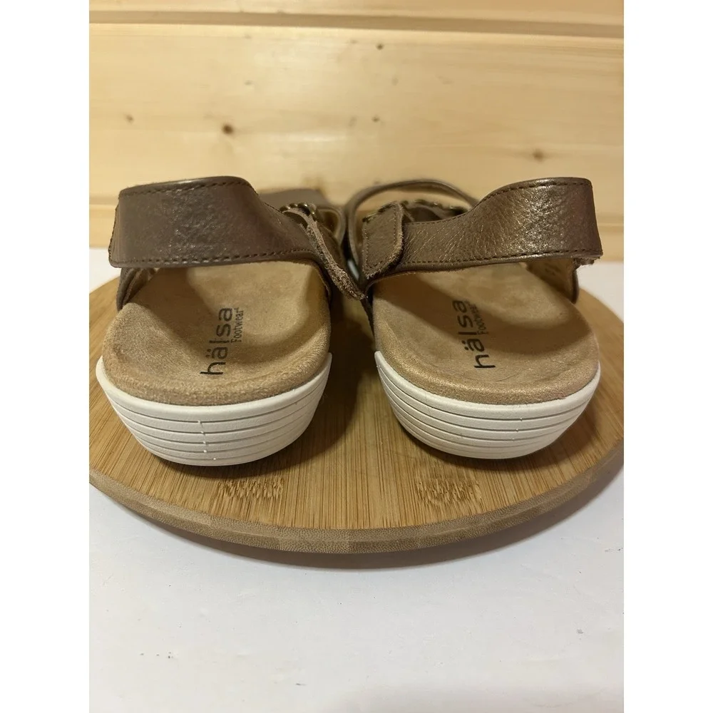 Halsa Sandals Womans‎ Bronze Sz 9.5M Ankle Strap Destiny Shoes Flats EUC